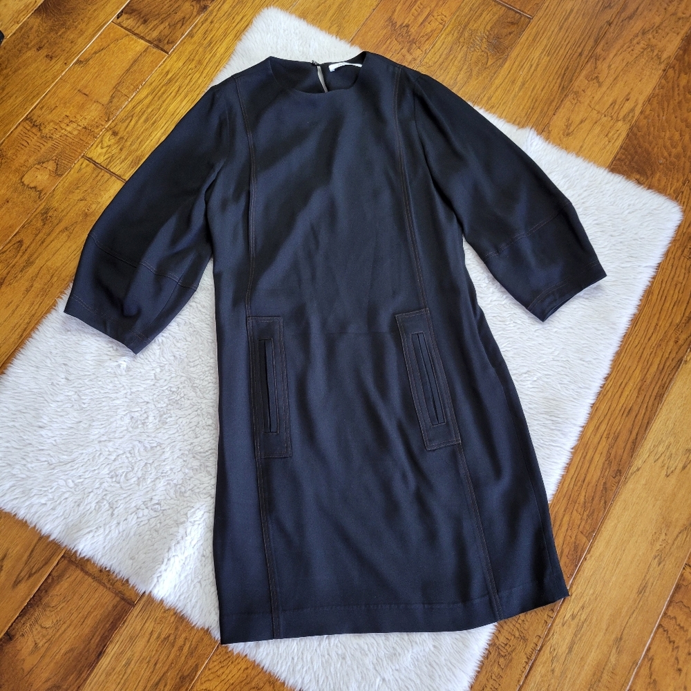 Derek Lam Shift Dress Women's 8 Black Pockets Puff Sleeves